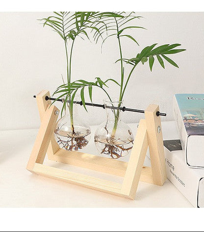 Glass Vase Planter with Wooden Frame – Tabletop Decor
